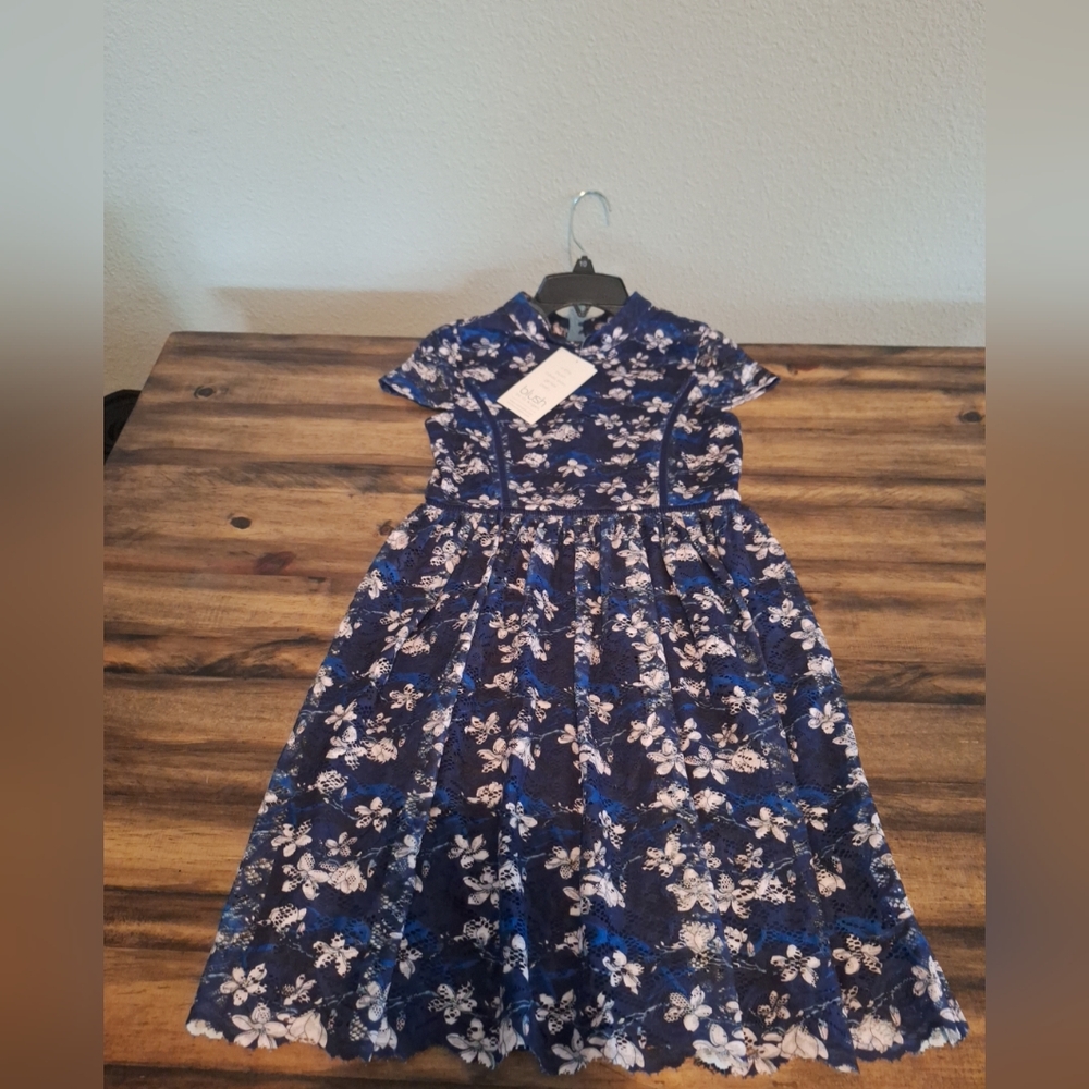 Blush By Us Angels Flower Print Lace Dress Girl's 12 Navy Mock Neck Shor…